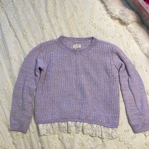 Lavender sweater with lace trim at bottom